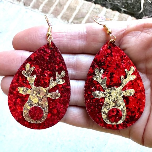 Rudolph Reindeer Earrings Christmas Handmade Whimsical Hooks Glitter Acc… - Picture 1 of 11